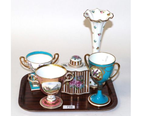 Two Minton floral painted white glazed trumpet vases, a Dresden caddy and a porcelain twin handled pedestal cup (5)