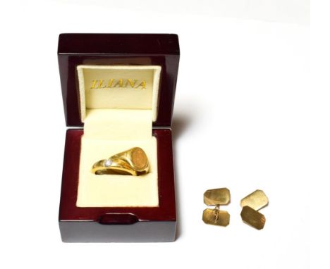 A pair of 9 carat gold cufflinks; a diamond solitaire ring, stamped '18K', finger size Z; and a signet ring, marks rubbed, fi