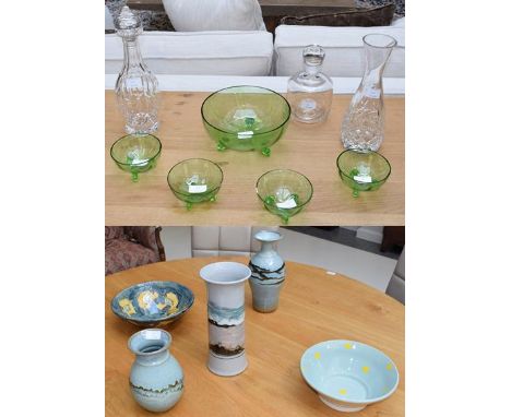 A group of decorative pottery and glass including Scottish vase, Doulton carafe, Dartington decanter etc