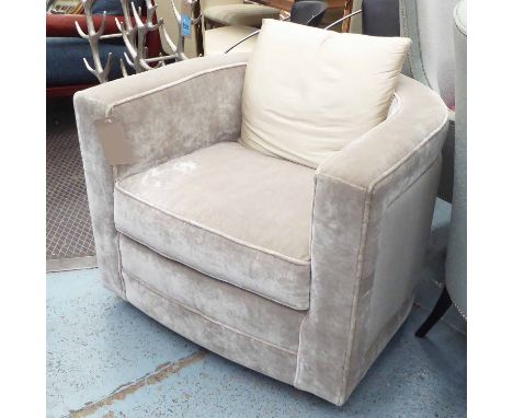TUB CHAIR, in light grey velour, on swivel base, 85cm W x 85cm D x 68cm H.