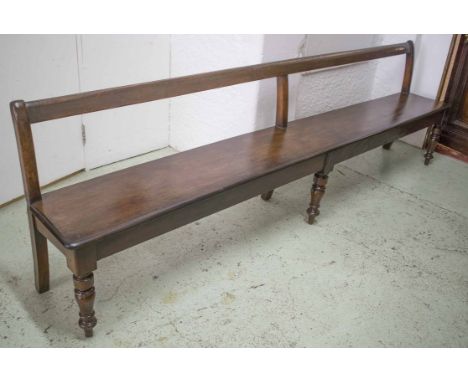HALL BENCH, Victorian mahogany with bar back and turned legs, 271cm W. 
