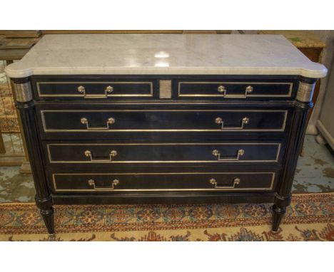 COMMODE, French Directoire design ebonised and silvered metal mounted with two short and three long drawers and marble top, 1