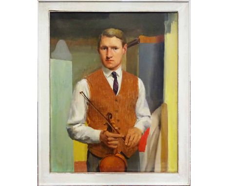 MICHAEL VINCENT FRANCIS (British 1922- 2009) 'Self Portrait with Violin', oil on canvas, 92cm x 71cm, framed.