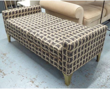 DAYBED LOW RIDER BENCH, contemporary geometric patterned fabric with two cushions, 142cm W x 69cm D x 50cm H.