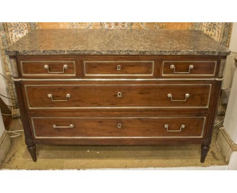 DIRECTOIRE COMMODE, 18th century French mahogany and silver metal mounted with three long drawers and marble top, 126cm x 58c