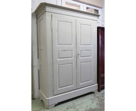 ARMOIRE, late 19th century French in a grey and cream painted finish with two panelled doors enclosing a shelf and a hanging 