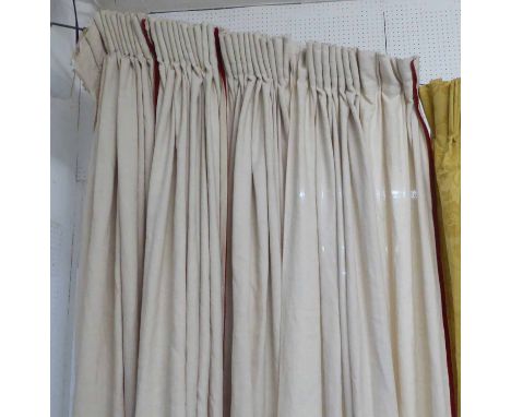 CURTAINS, two pairs, linen with russet chenille piping, each 138cm W ungathered by 363cm drop.