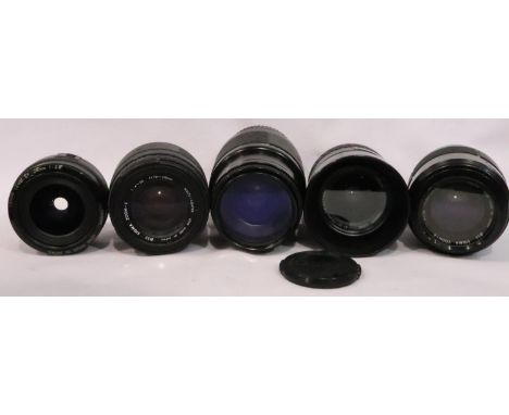 Five digital camera lenses including Canon EF 28mm 1:2.8 and Yashika AF28-70mm. P&amp;P Group 2 (£18+VAT for the first lot an