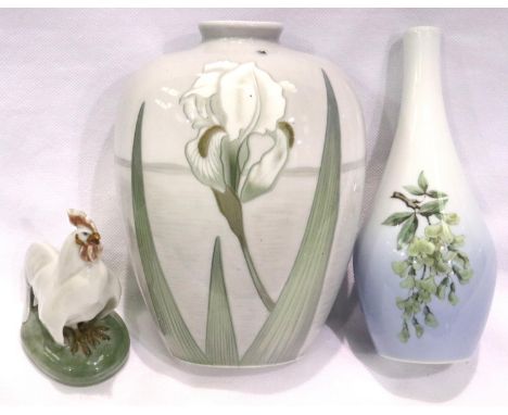Royal Copenhagen vases and a Cockerel, largest H: 20 cm. P&amp;P Group 3 (£25+VAT for the first lot and £5+VAT for subsequent
