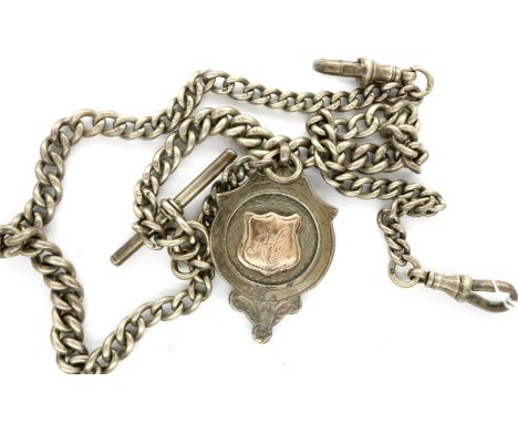 Hallmarked silver double Albert graduated pocket watch chain, with two clips, T-bar and gold washed silver fob, L: 50 cm, 50g