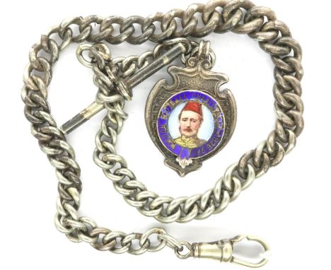 Gordon Football charity cup 1926-1927, hallmarked silver enamelled fob on a white metal single Albert watch chain, L: 33 cm. 