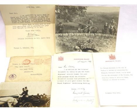 Two candid photographs of King George V, at The Royal Show Chester circa 1925 and Abbeystead Lancaster circa 1928, with lette