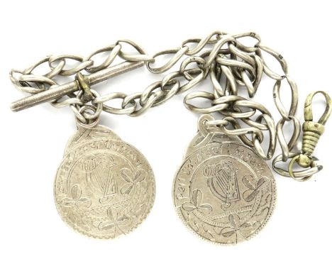 Hallmarked silver single Albert watch chain with two fobs, chain L: 42 cm, 45g. P&amp;P Group 1 (£14+VAT for the first lot an