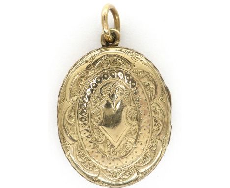 Presumed (unmarked) 9ct gold locket with floral chased detail, with jump ring, lacking one glass, 5.9g. P&amp;P Group 1 (£14+