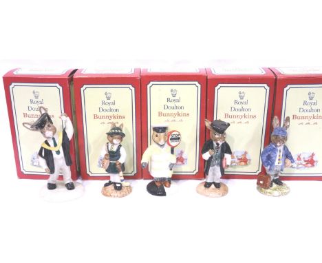 Five Royal Doulton Bunnykins figurines: Schooldays, Schoolmaster, Graduation Day, Schoolboy and Lollipop Man, each boxed. No 