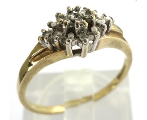 A 9ct gold diamond set cluster ring, size K/L, 1.7g. P&amp;P Group 1 (£14+VAT for the first lot and £1+VAT for subsequent lot