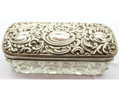 Hallmarked silver topped glass trinket pot, L: 90 mm. P&amp;P Group 1 (£14+VAT for the first lot and £1+VAT for subsequent lo