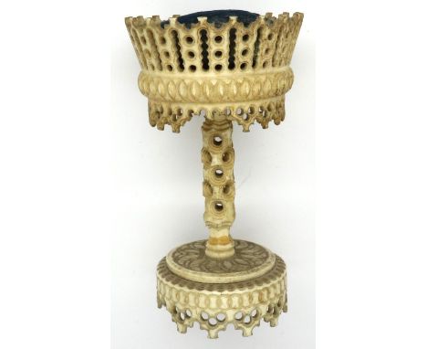 Victorian carved bone pin cushion, H: 90 mm. P&amp;P Group 1 (£14+VAT for the first lot and £1+VAT for subsequent lots) 