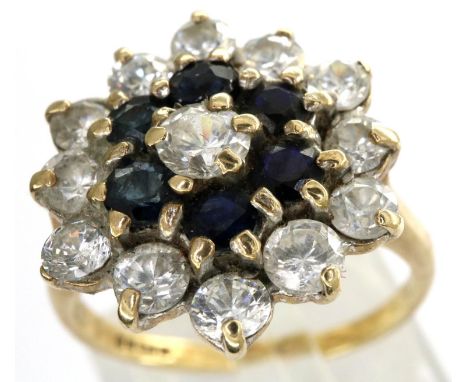 9ct gold sapphire and clear stone set cluster ring, size M/N, 3.5g. P&amp;P Group 1 (£14+VAT for the first lot and £1+VAT for