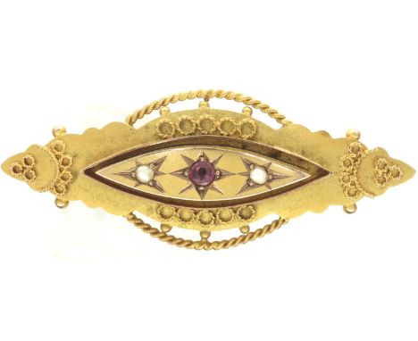 Victorian 9ct gold mourning brooch, set with an amethyst and two seed pearls and having a glazed panel verso, Chester hallmar