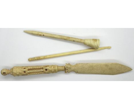 Carved bone paper knife with Stanhope of Littlehampton and other bone items (3). P&amp;P Group 1 (£14+VAT for the first lot a