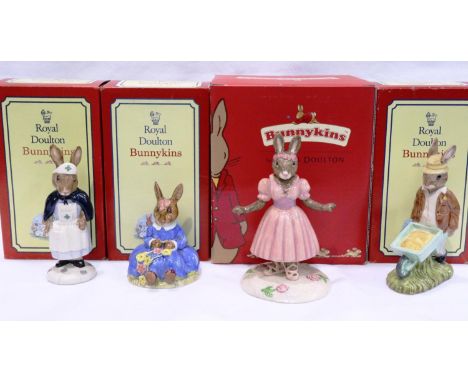 Four Royal Doulton Bunnykins figurines: Little Ballerina (Pastimes Collection), Nurse, Daisy (chip to ear) and Gardner. P&amp