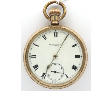 Thomas Russell &amp; Son Liverpool: crown wind gold plated pocket watch, no 22004, not working. P&amp;P Group 1 (£14+VAT for 