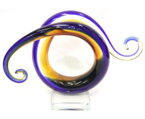 Murano blue and amber glass sculpture on a glass stand, L: 28 cm, chip to stand. P&amp;P Group 3 (£25+VAT for the first lot a