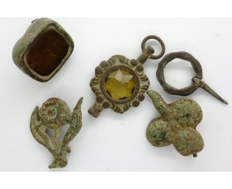 Collection of Medieval pins/brooches, possibly gilt with gemstones. P&amp;P Group 0 (£5+VAT for the first lot and £1+VAT for 