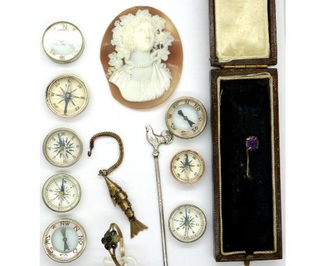 Mixed collectables including silver cocktail stick, loose cameo, pocket compasses etc. P&amp;P Group 1 (£14+VAT for the first