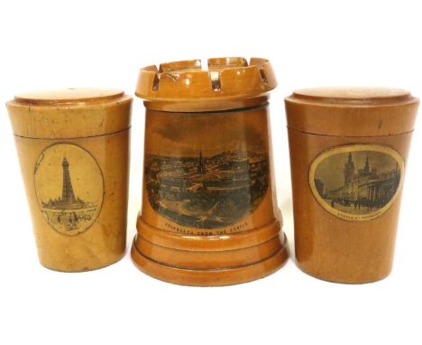 Three Mauchline Ware items, largest H: 80 mm. P&amp;P Group 1 (£14+VAT for the first lot and £1+VAT for subsequent lots) 