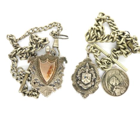 Two white metal watch chains with hallmarked silver fobs. P&amp;P Group 1 (£14+VAT for the first lot and £1+VAT for subsequen
