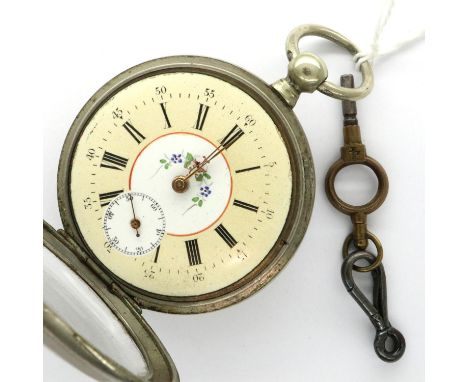 A continental silver plated key wind fob watch, having a painted enamel dial with subsidiary seconds dial, works for a short 