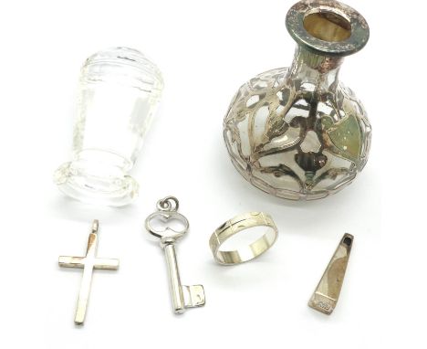 Mixed silver pendants, silver ring, silver mounted perfume bottle ( no stopper ) and a rock crystal table seal, silver combin