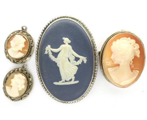 Silver set Wedgwood Jasperware brooch, a cameo brooch and a pair of earrings. P&amp;P Group 1 (£14+VAT for the first lot and 