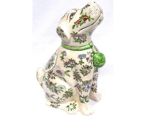 Oriental floral ceramic dog, signed to base, H: 28 cm. P&amp;P Group 3 (£25+VAT for the first lot and £5+VAT for subsequent l