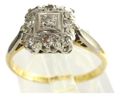 18ct gold platinum set cocktail ring, having nine diamonds in a square setting, size N, 2.7g. P&amp;P Group 1 (£14+VAT for th