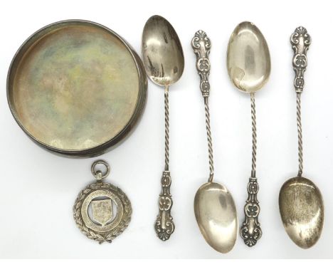 Hallmarked silver teaspoons, fob and pot lid, combined 49g. P&amp;P Group 2 (£18+VAT for the first lot and £3+VAT for subsequ