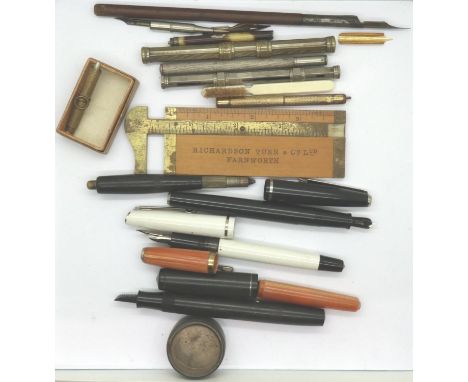 Mixed pens and pencils with a wooden and brass extending ruler. P&amp;P Group 1 (£14+VAT for the first lot and £1+VAT for sub