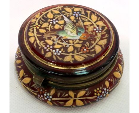 19th century Ruby glass covered pot, decorated in enamel with a bird amongst foliage, D: 65 mm. No cracks, chips or visible r