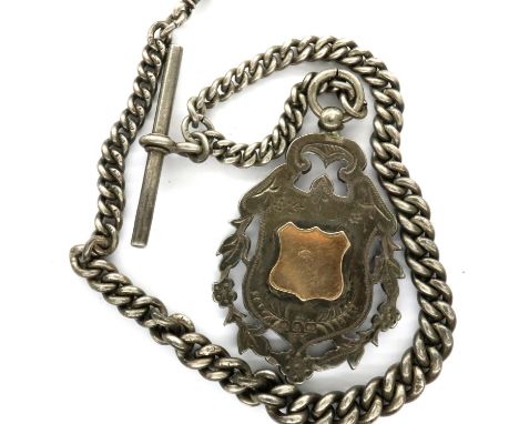 Hallmarked silver watch chain with clip and T-bar, with silver and gold wash fob, L: 29 cm, 49g. P&amp;P Group 1 (£14+VAT for