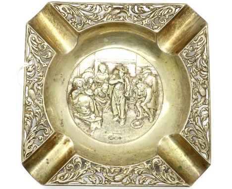 Hallmarked silver relief decorated ashtray, with Tavern scene, 10 x 10 cm, 74g. P&amp;P Group 1 (£14+VAT for the first lot an