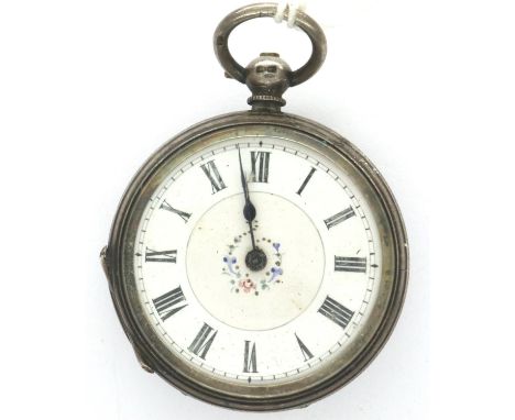 A hallmarked silver key wind fob watch, painted enamelled dial, not working at lotting. P&amp;P Group 1 (£14+VAT for the firs