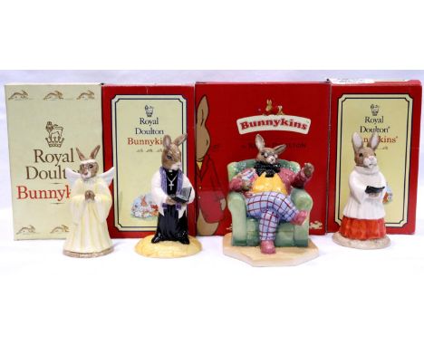 Four Royal Doulton Bunnykins figurines: Once Upon A Time (collectors edition), Vicar, Angel and Choir Singer, each boxed. No 