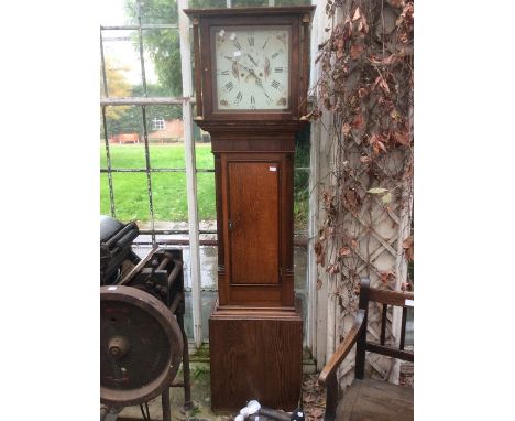 19th Century 8 day painted dial oak cased long case clock, no name with key and weights