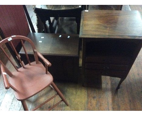 An early 20th century oak blanket chest; similar bedside cabinet; oak painted toddlers highchair; a wall shelf (4)