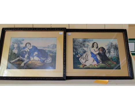 A pair of Victorian painted prints, depicting a young boy with hoop resting on a Newfoundland dog, the other of a young girl 