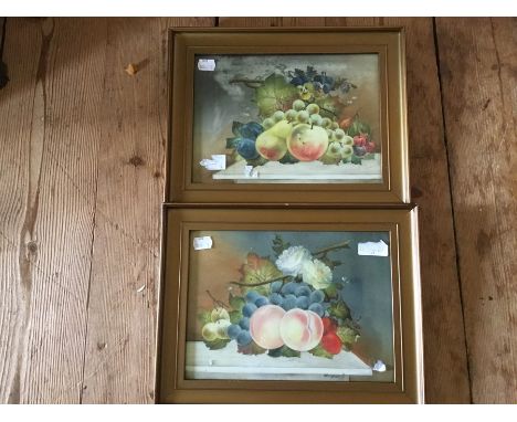 W. Rayworth framed and glazed painting on ceramic. Peaches and grapes, with a second W. Rayworth framed and glazed painting o