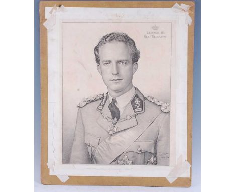 Leopold III of Belgium, (1901-1983), 3/4 length pencil portrait, signed indistinctly and dated 1941 London, mounted on board,