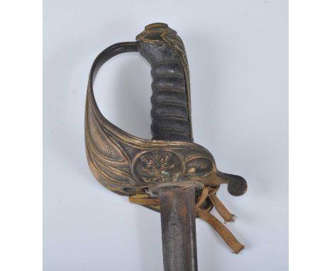 An 1822? pattern Naval sword, having a shortened 59cm pipe back blade with folding Gothic hilt and wire bound fish skin grip,